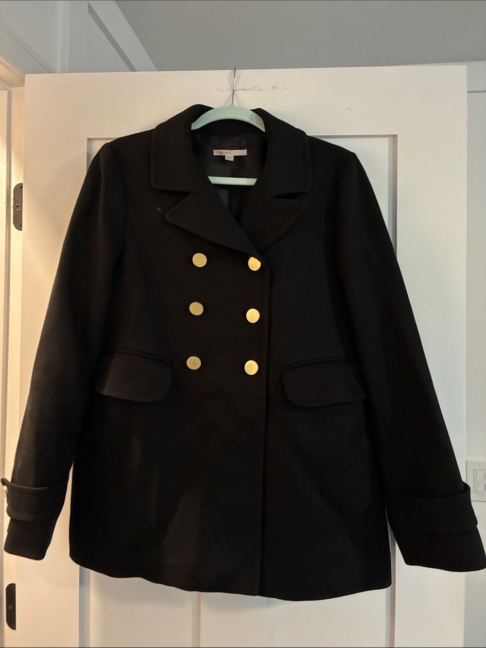 GAP Black Double-Breasted Pea Coat with Gold Buttons